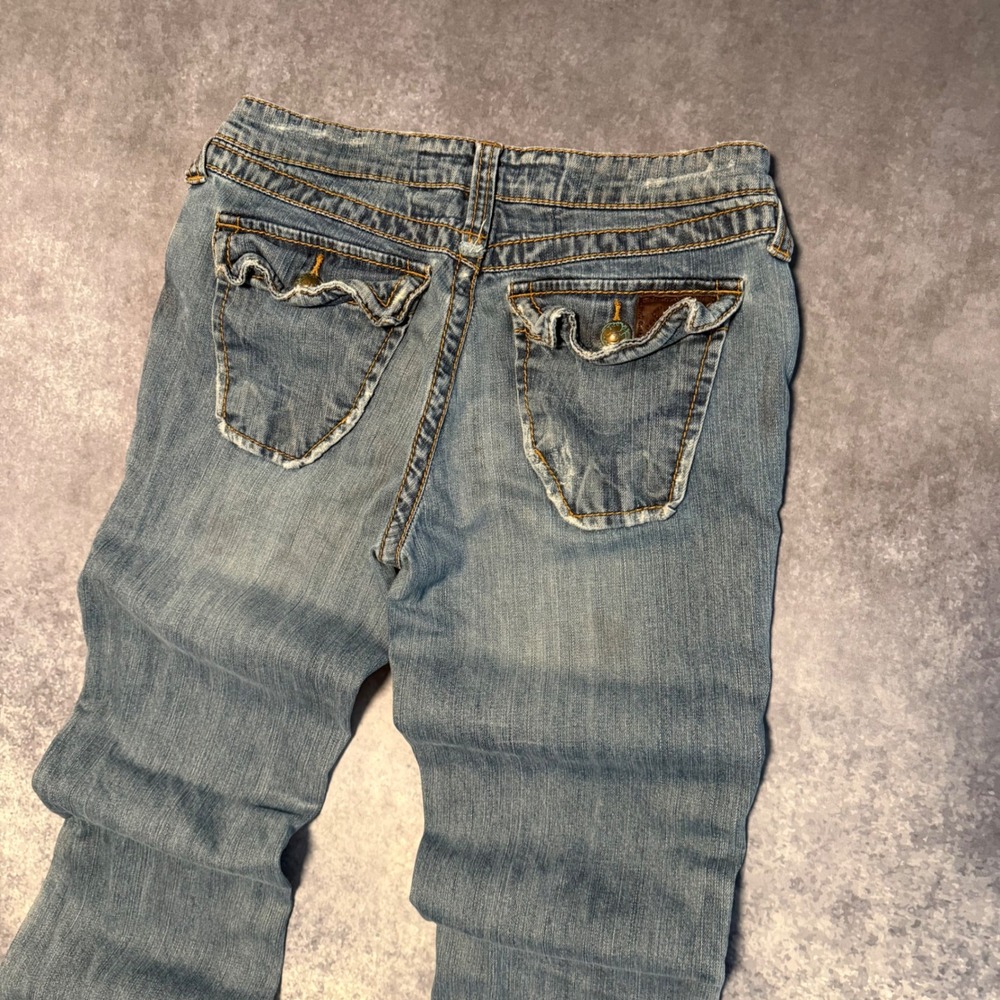 Y2K Stitch's Women Blue Distressed Bootcut Jeans Size 28 Low Rise Flap Pocket - Picture 8 of 8